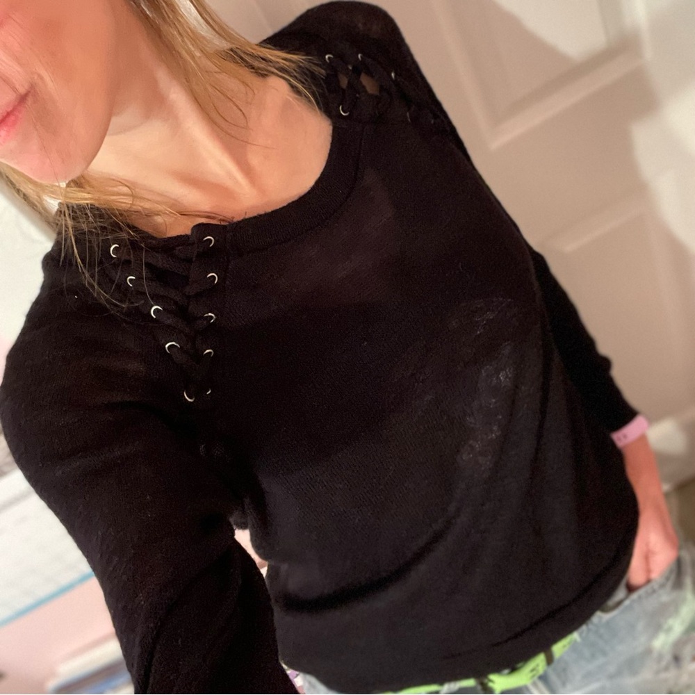 Chic Black Lace-Up Sweater Moa Moa Women Femme Size Small